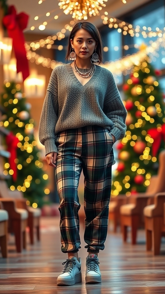 90s inspired Christmas outfit with plaid pants and oversized sweater, accessorized with jewelry, in a festive setting.
